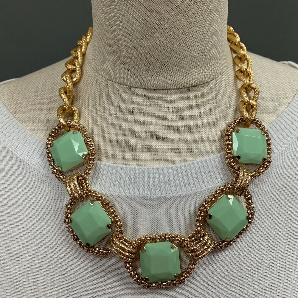 Necklace Dangling Earrings‎ Set Gold Chain Mint Green Stones Square NWOT